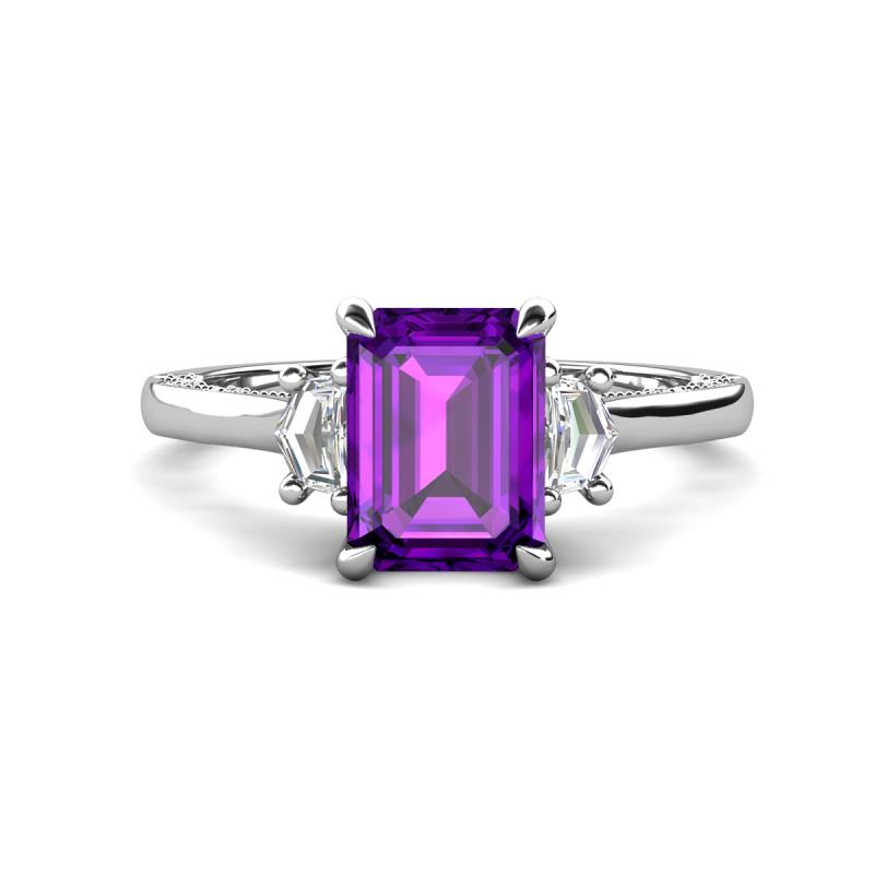 Chand 1.69 ctw Emerald shape Amethyst (8x6 mm) Accented Cadillac shape Lab Grown Diamonds Three Stone Women Engagement Ring 