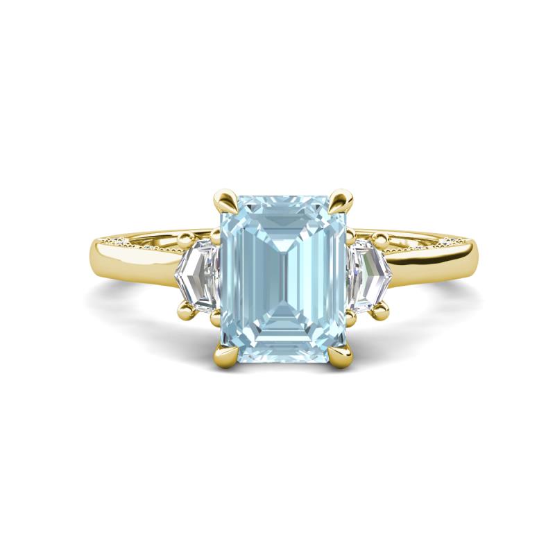 Chand 1.64 ctw Emerald shape Aquamarine (8x6 mm) Accented Cadillac shape Lab Grown Diamonds Three Stone Women Engagement Ring 