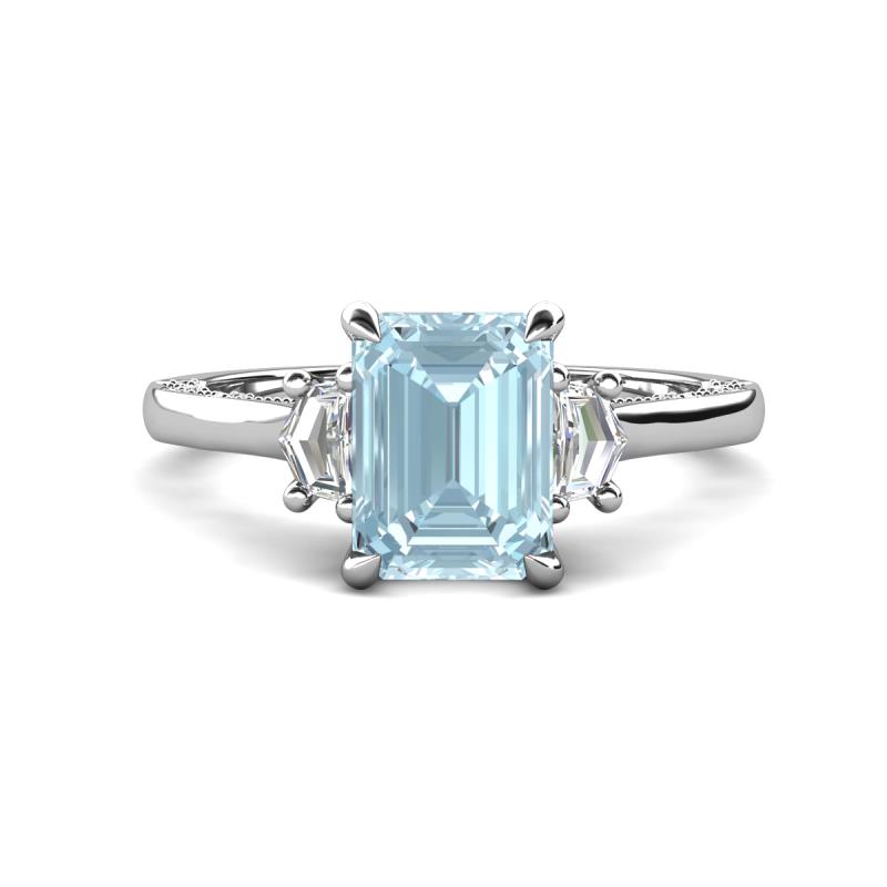 Chand 1.64 ctw Emerald shape Aquamarine (8x6 mm) Accented Cadillac shape Lab Grown Diamonds Three Stone Women Engagement Ring 