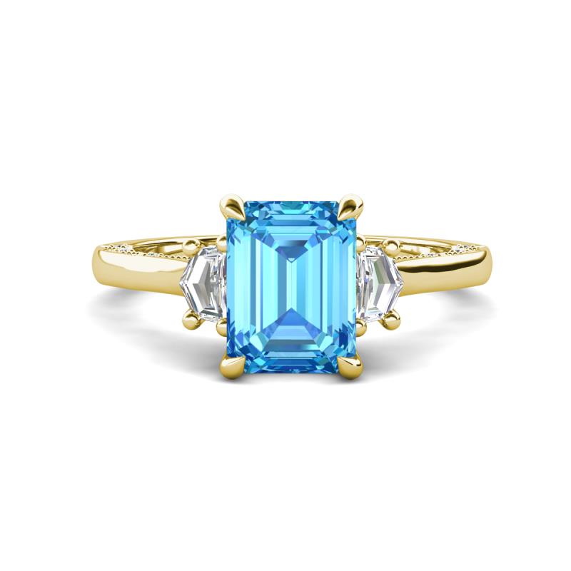 Chand 2.24 ctw Emerald shape Blue Topaz (8x6 mm) Accented Cadillac shape Lab Grown Diamonds Three Stone Women Engagement Ring 