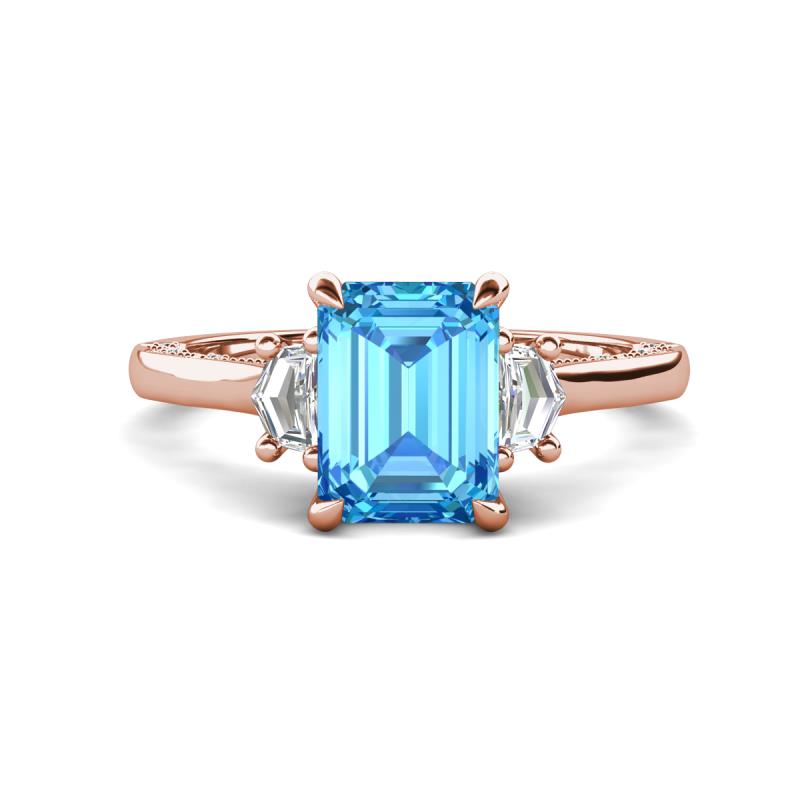 Chand 2.24 ctw Emerald shape Blue Topaz (8x6 mm) Accented Cadillac shape Lab Grown Diamonds Three Stone Women Engagement Ring 