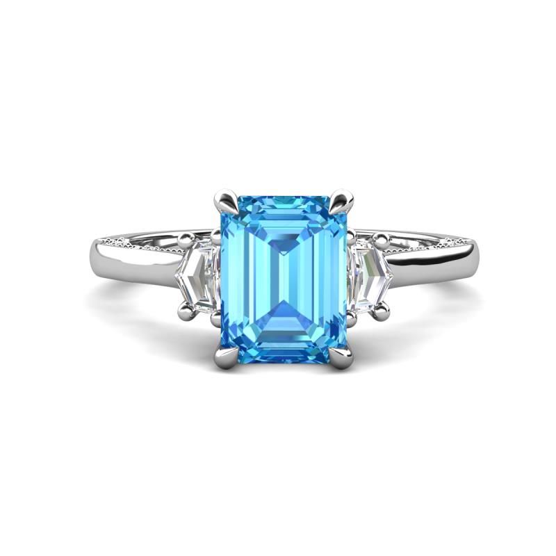 Chand 2.24 ctw Emerald shape Blue Topaz (8x6 mm) Accented Cadillac shape Lab Grown Diamonds Three Stone Women Engagement Ring 