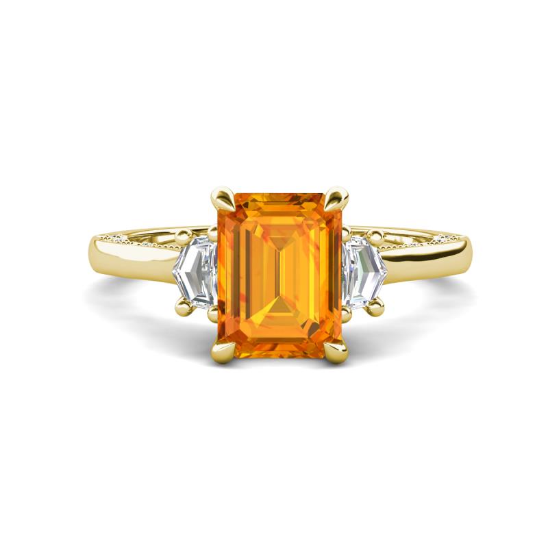 Chand 1.74 ctw Emerald shape Citrine (8x6 mm) Accented Cadillac shape Lab Grown Diamonds Three Stone Women Engagement Ring 