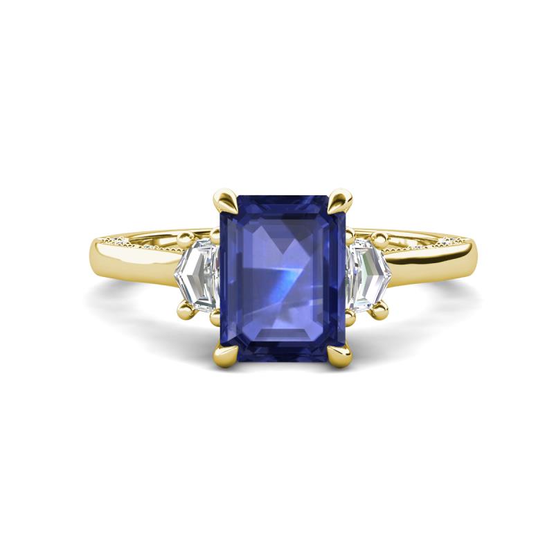 Chand 1.64 ctw Emerald shape Iolite (8x6 mm) Accented Cadillac shape Lab Grown Diamonds Three Stone Women Engagement Ring 