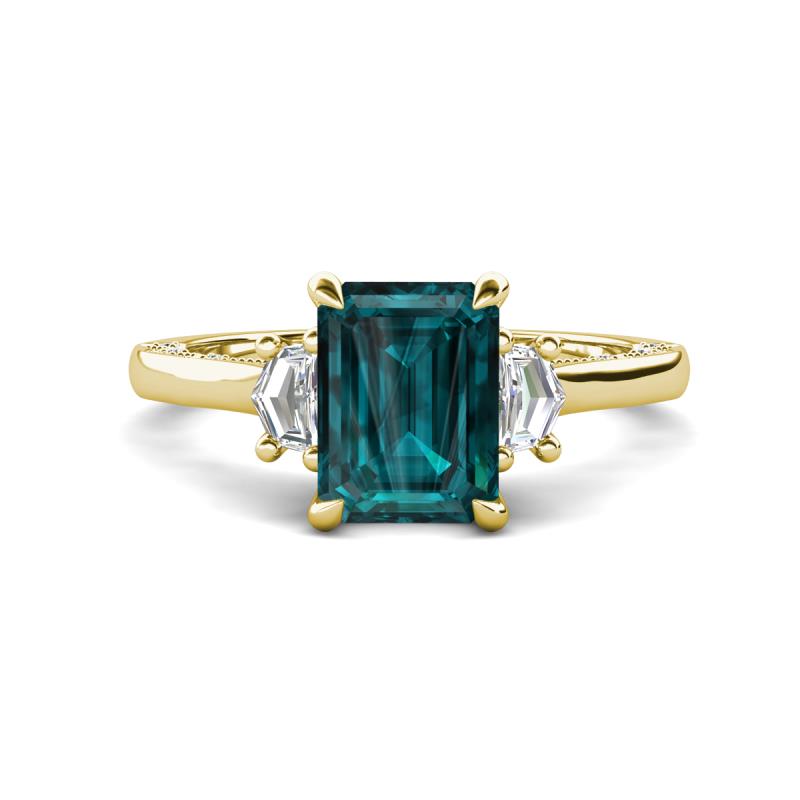 Chand 2.24 ctw Emerald shape London Blue Topaz (8x6 mm) Accented Cadillac shape Lab Grown Diamonds Three Stone Women Engagement Ring 