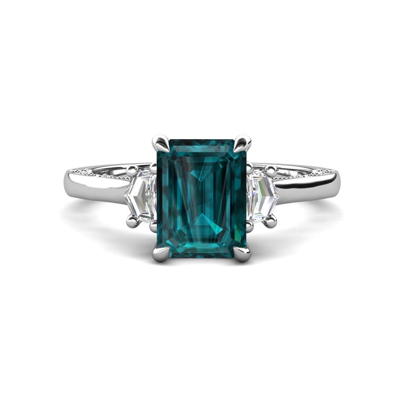 Chand 2.24 ctw Emerald shape London Blue Topaz (8x6 mm) Accented Cadillac shape Lab Grown Diamonds Three Stone Women Engagement Ring 