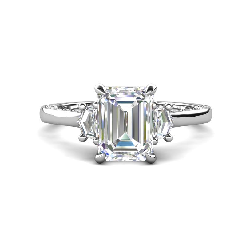 Chand 1.69 ctw Emerald shape Moissanite (8x6 mm) Accented Cadillac shape Lab Grown Diamonds Three Stone Women Engagement Ring 