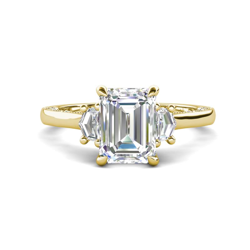 Chand 1.69 ctw Emerald shape Moissanite (8x6 mm) Accented Cadillac shape Lab Grown Diamonds Three Stone Women Engagement Ring 