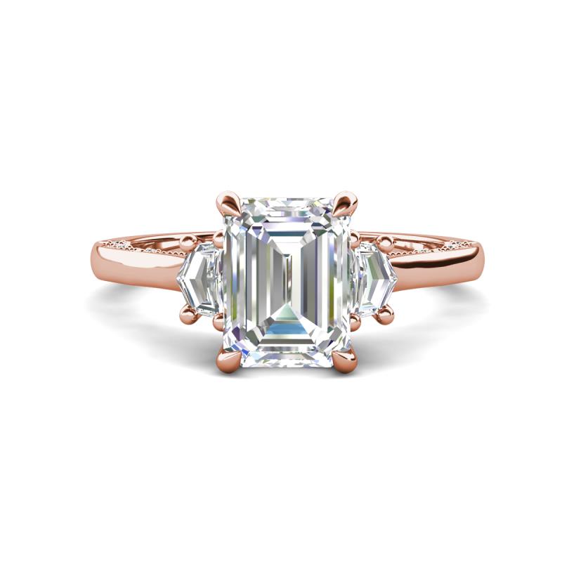 Chand 1.69 ctw Emerald shape Moissanite (8x6 mm) Accented Cadillac shape Lab Grown Diamonds Three Stone Women Engagement Ring 