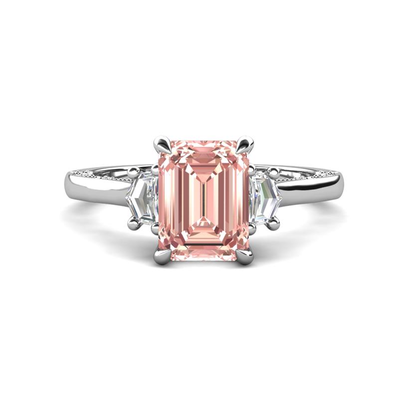 Chand 1.64 ctw Emerald shape Morganite (8x6 mm) Accented Cadillac shape Lab Grown Diamonds Three Stone Women Engagement Ring 