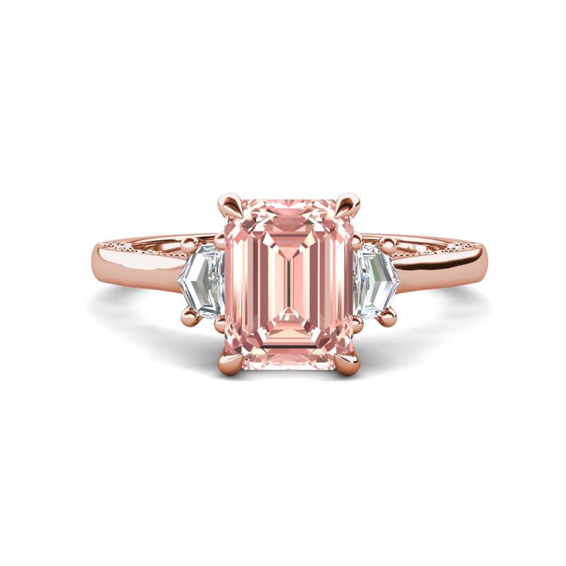 Chand 1.64 ctw Emerald shape Morganite (8x6 mm) Accented Cadillac shape Lab Grown Diamonds Three Stone Women Engagement Ring 