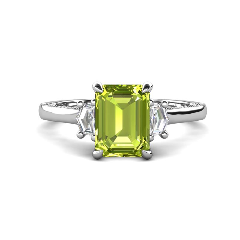 Chand 1.94 ctw Emerald shape Peridot (8x6 mm) Accented Cadillac shape Lab Grown Diamonds Three Stone Women Engagement Ring 