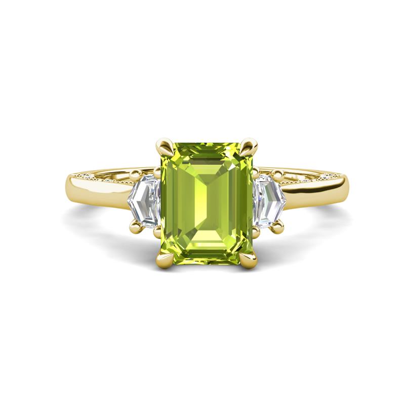 Chand 1.94 ctw Emerald shape Peridot (8x6 mm) Accented Cadillac shape Lab Grown Diamonds Three Stone Women Engagement Ring 