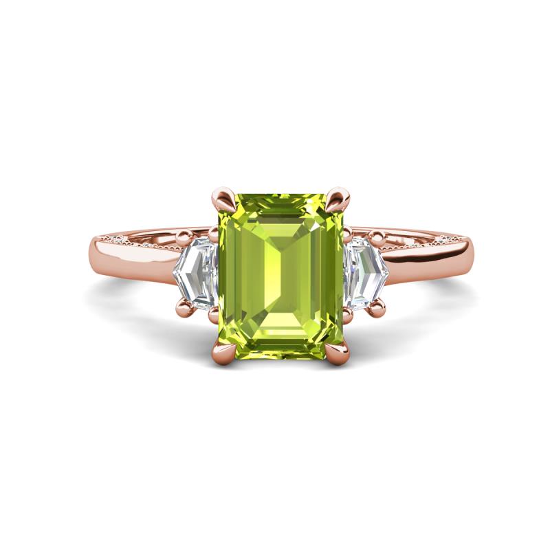 Chand 1.94 ctw Emerald shape Peridot (8x6 mm) Accented Cadillac shape Lab Grown Diamonds Three Stone Women Engagement Ring 