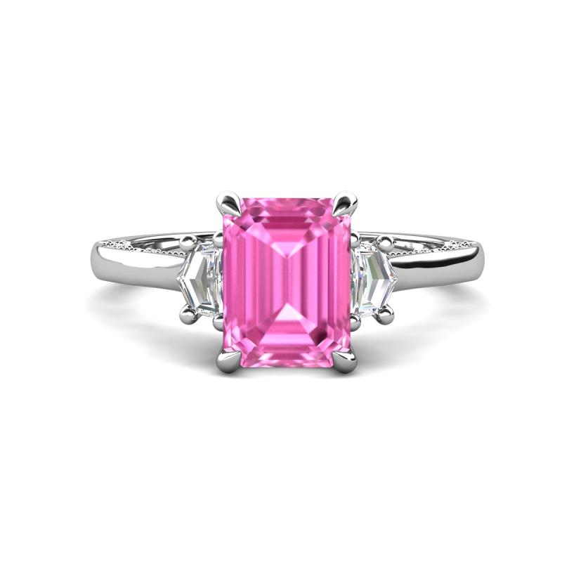 Chand 1.74 ctw Emerald shape Pink Sapphire (8x6 mm) Accented Cadillac shape Lab Grown Diamonds Three Stone Women Engagement Ring 