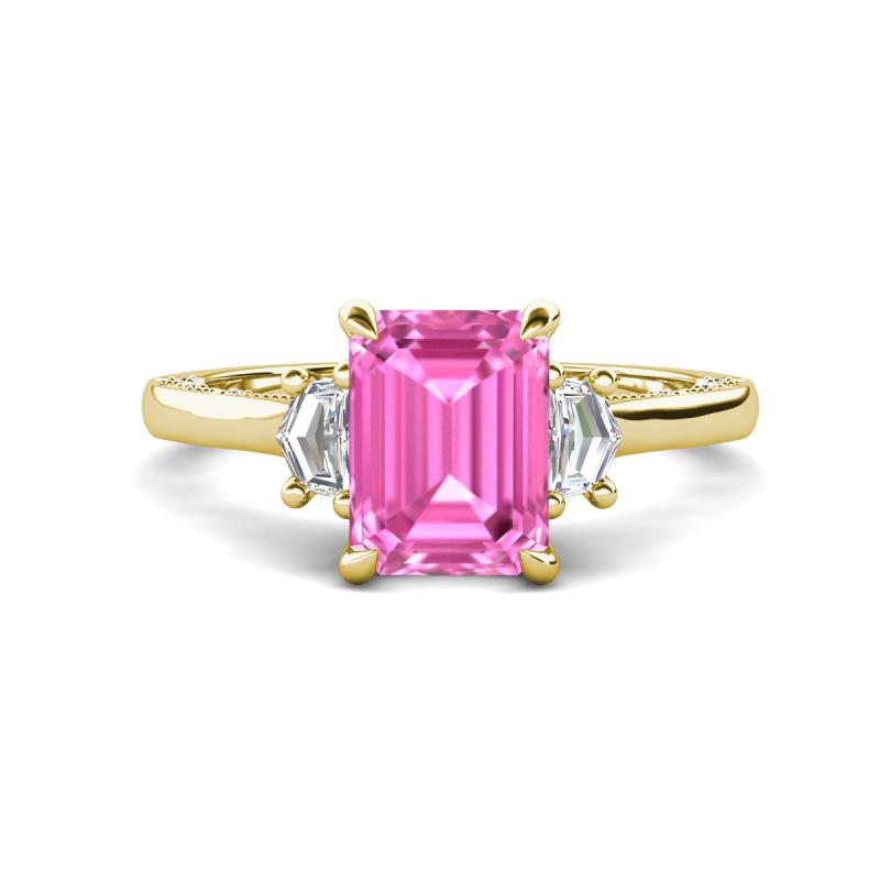 Chand 1.74 ctw Emerald shape Pink Sapphire (8x6 mm) Accented Cadillac shape Lab Grown Diamonds Three Stone Women Engagement Ring 