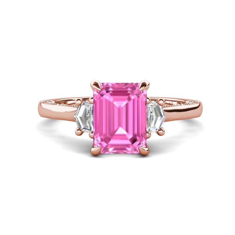 Chand 1.74 ctw Emerald shape Pink Sapphire (8x6 mm) Accented Cadillac shape Lab Grown Diamonds Three Stone Women Engagement Ring 