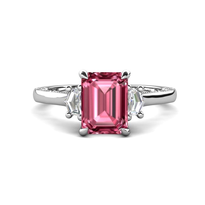 Chand 1.89 ctw Emerald shape Pink Tourmaline (8x6 mm) Accented Cadillac shape Lab Grown Diamonds Three Stone Women Engagement Ring 