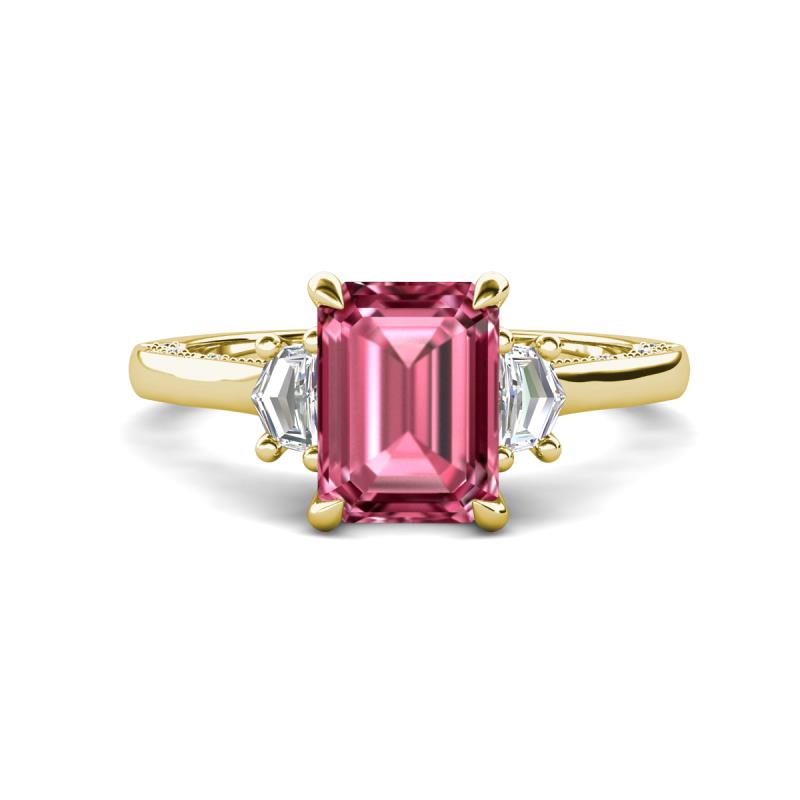 Chand 1.89 ctw Emerald shape Pink Tourmaline (8x6 mm) Accented Cadillac shape Lab Grown Diamonds Three Stone Women Engagement Ring 