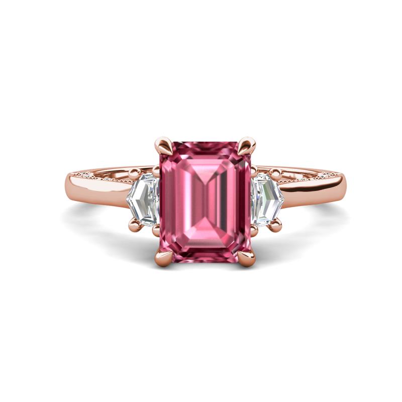 Chand 1.89 ctw Emerald shape Pink Tourmaline (8x6 mm) Accented Cadillac shape Lab Grown Diamonds Three Stone Women Engagement Ring 