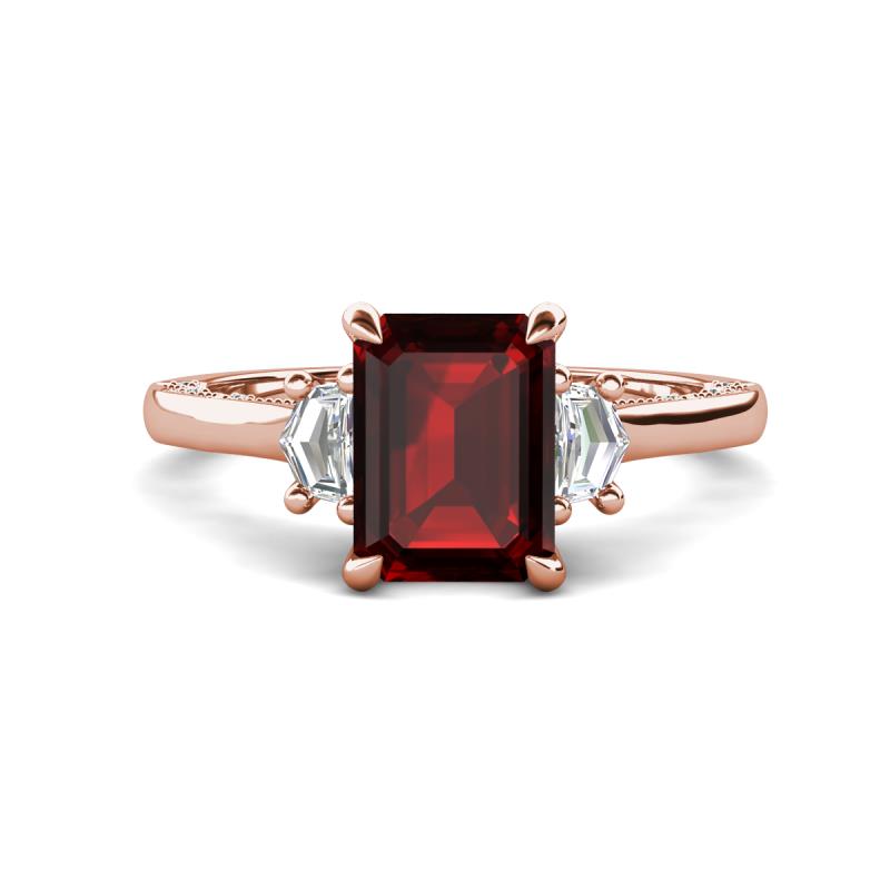 Chand 2.19 ctw Emerald shape Red Garnet (8x6 mm) Accented Cadillac shape Lab Grown Diamonds Three Stone Women Engagement Ring 