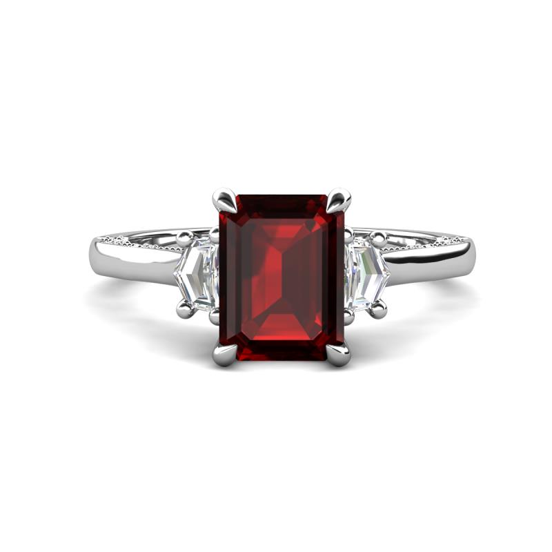 Chand 2.19 ctw Emerald shape Red Garnet (8x6 mm) Accented Cadillac shape Lab Grown Diamonds Three Stone Women Engagement Ring 