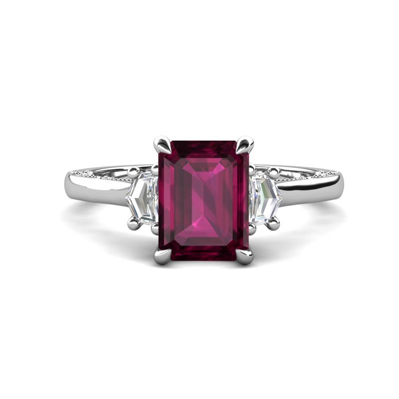 Chand 2.24 ctw Emerald shape Rhodolite Garnet (8x6 mm) Accented Cadillac shape Lab Grown Diamonds Three Stone Women Engagement Ring 