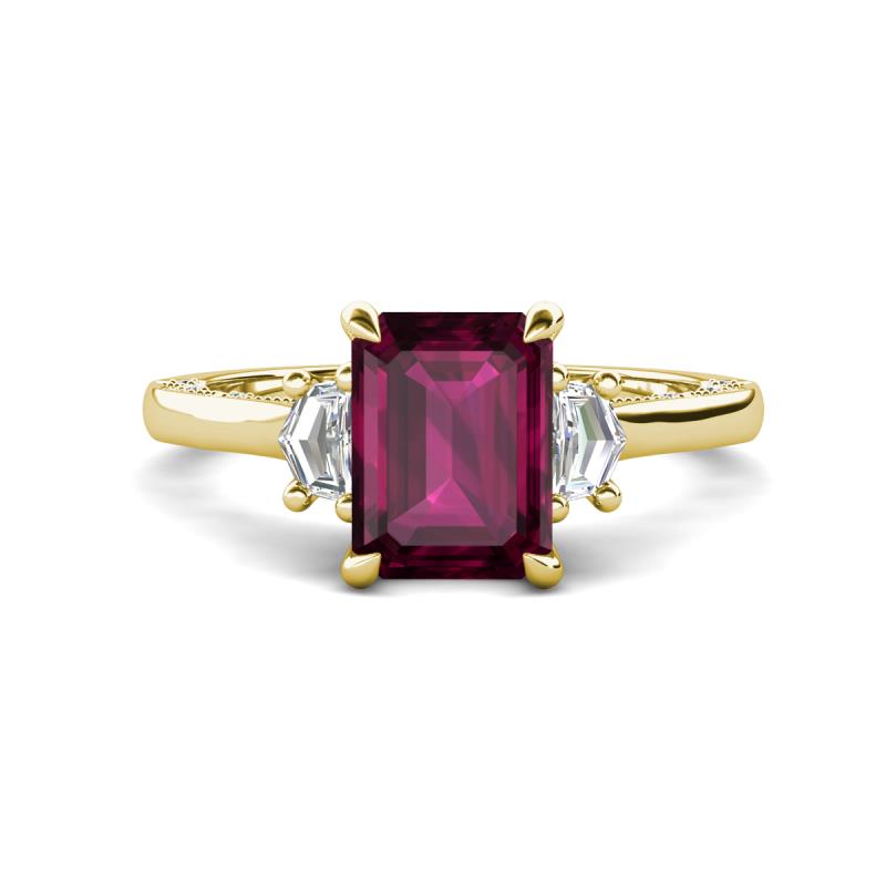 Chand 2.24 ctw Emerald shape Rhodolite Garnet (8x6 mm) Accented Cadillac shape Lab Grown Diamonds Three Stone Women Engagement Ring 