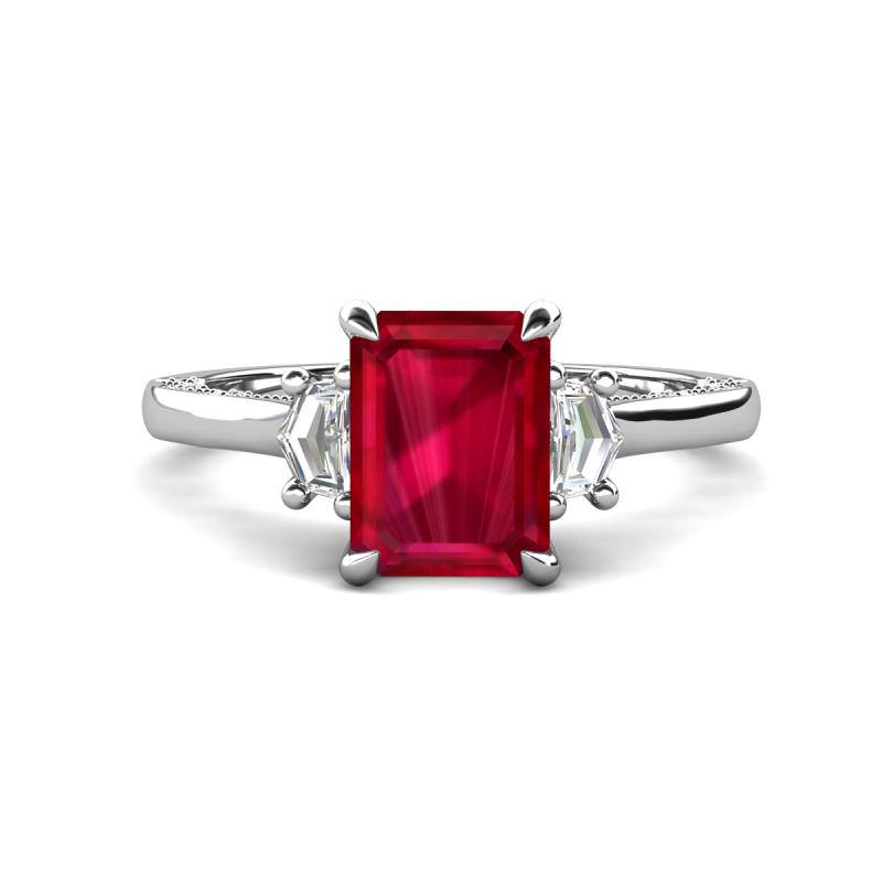 Chand 1.74 ctw Emerald shape Ruby (8x6 mm) Accented Cadillac shape Lab Grown Diamonds Three Stone Women Engagement Ring 
