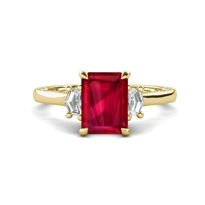 Chand 1.74 ctw Emerald shape Ruby (8x6 mm) Accented Cadillac shape Lab Grown Diamonds Three Stone Women Engagement Ring 