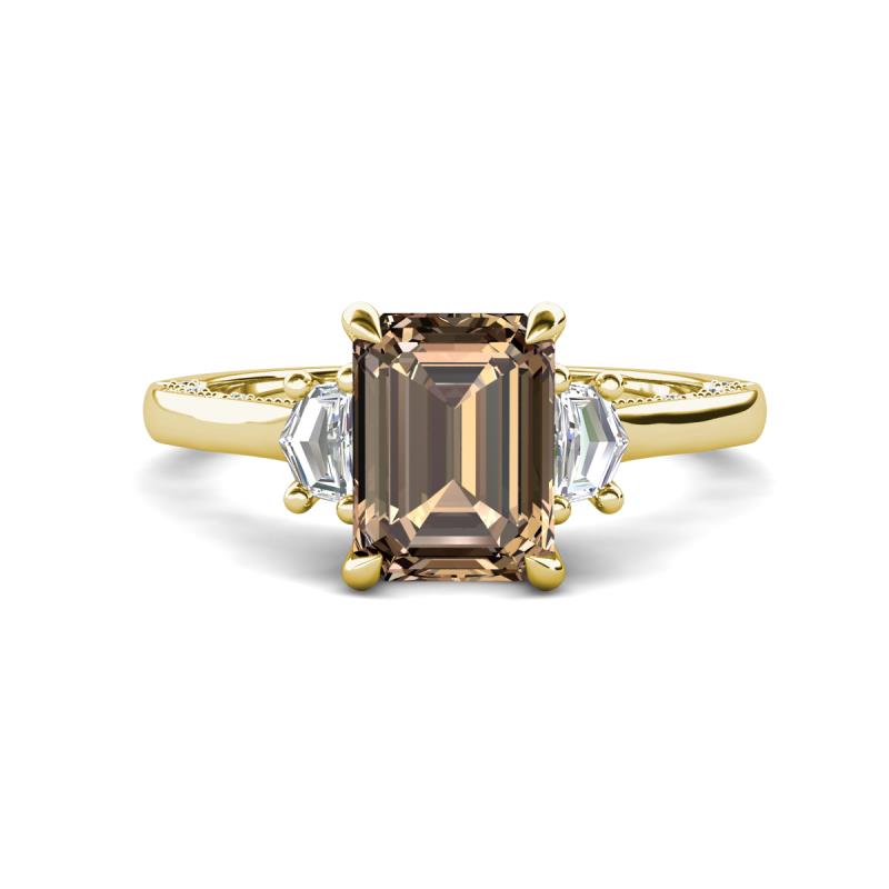 Chand 1.94 ctw Emerald shape Smoky Quartz (8x6 mm) Accented Cadillac shape Lab Grown Diamonds Three Stone Women Engagement Ring 