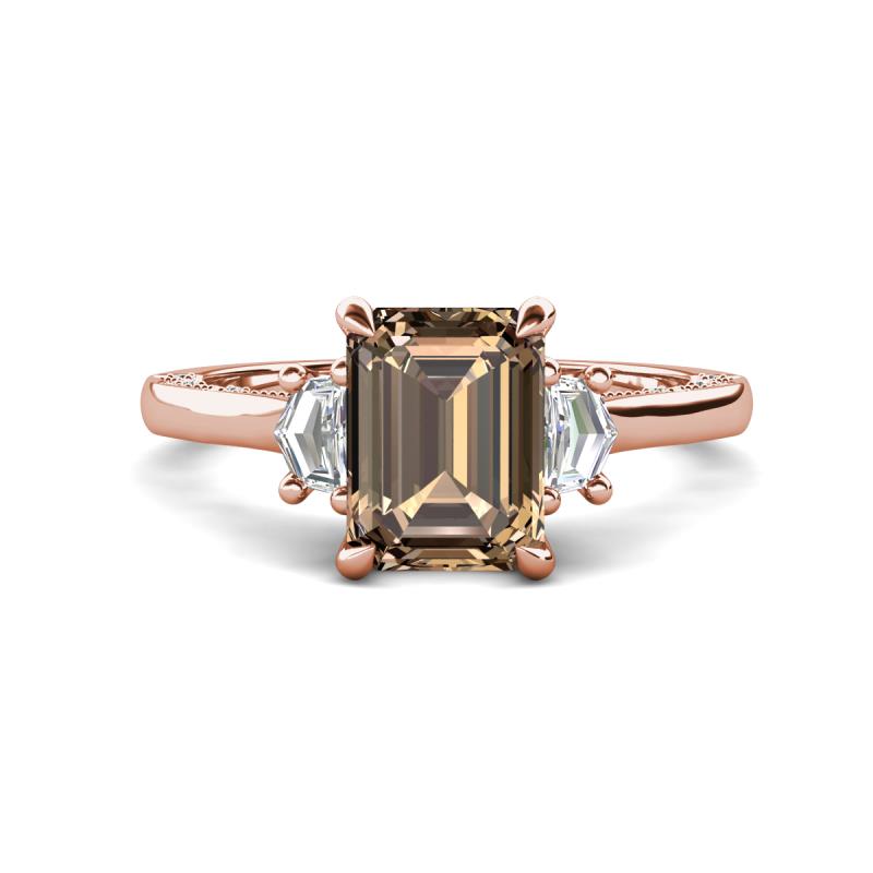 Chand 1.94 ctw Emerald shape Smoky Quartz (8x6 mm) Accented Cadillac shape Lab Grown Diamonds Three Stone Women Engagement Ring 