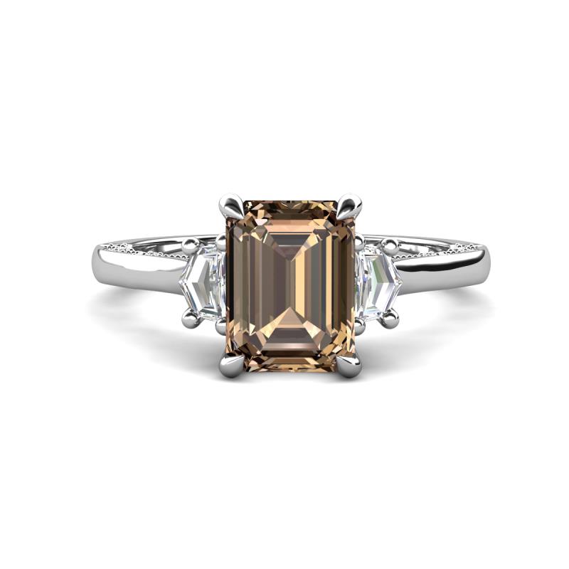 Chand 1.94 ctw Emerald shape Smoky Quartz (8x6 mm) Accented Cadillac shape Lab Grown Diamonds Three Stone Women Engagement Ring 