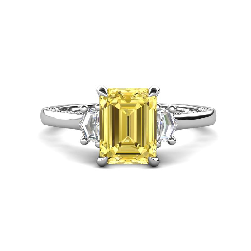 Chand 1.74 ctw Emerald shape Yellow Sapphire (8x6 mm) Accented Cadillac shape Lab Grown Diamonds Three Stone Women Engagement Ring 