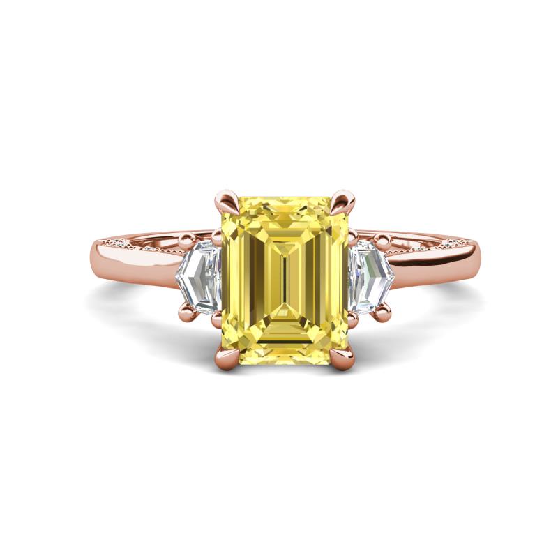 Chand 1.74 ctw Emerald shape Yellow Sapphire (8x6 mm) Accented Cadillac shape Lab Grown Diamonds Three Stone Women Engagement Ring 