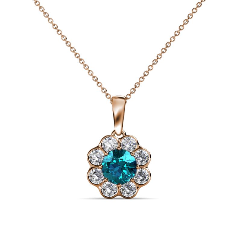 Urania 0.90 ctw London Blue Topaz (5.00 mm) and Lab Grown Diamond Floral Halo Pendant 
