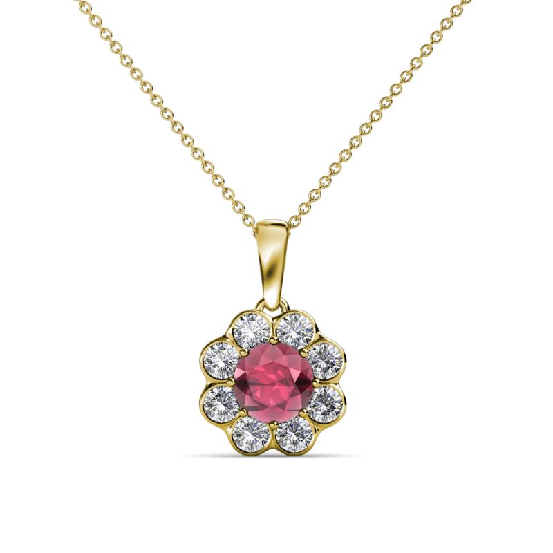 Urania 0.90 ctw Rhodolite Garnet (5.00 mm) and Lab Grown Diamond Floral Halo Pendant 