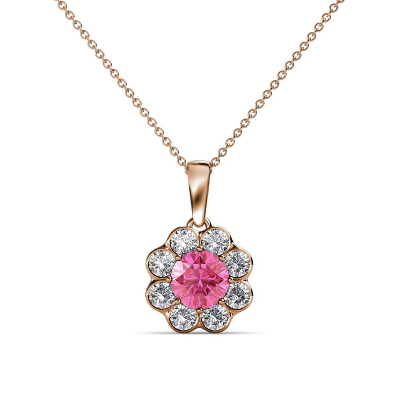 Urania 0.80 ctw Pink Tourmaline (5.00 mm) and Lab Grown Diamond Floral Halo Pendant 