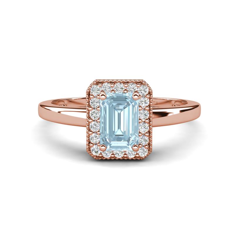 Karah 0.68 ctw Aquamarine Emerald Shape (6x4 mm) Accented Side Natural Diamond Halo Engagement Ring 