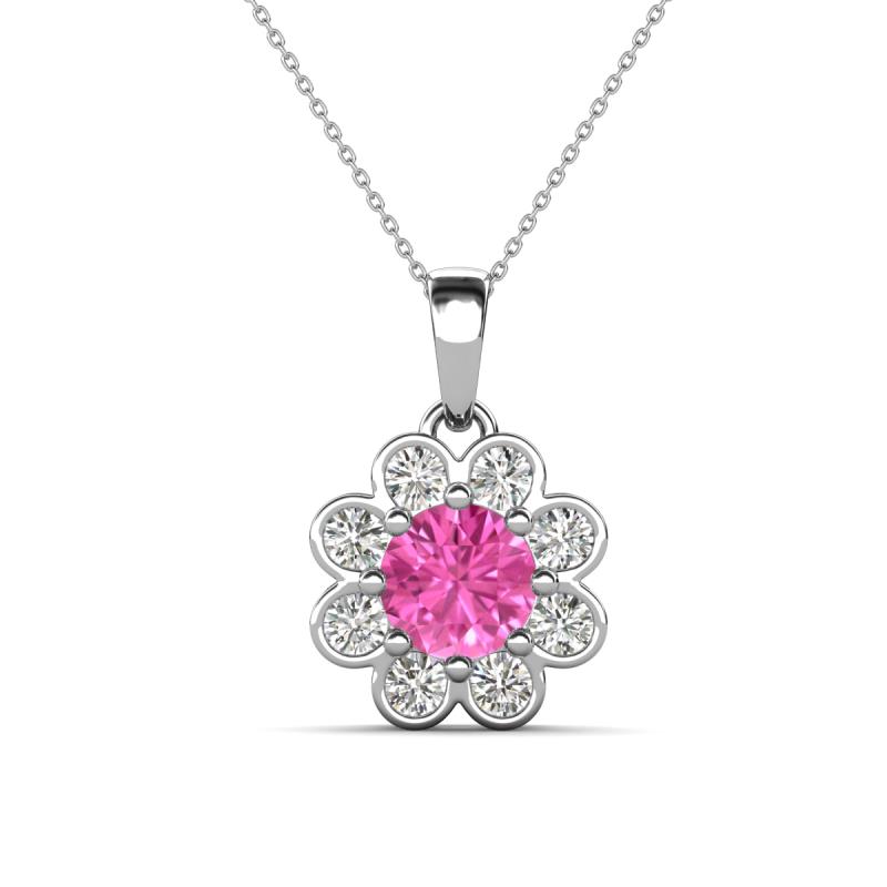 Urania 1.55 ctw Pink Sapphire (6.00 mm) and Accented Lab Grown Diamond Halo Floral Pendant 