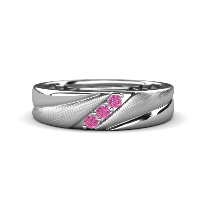 Amani Round Pink Sapphire Angled Brushed and Polished Finish Men Three Stone Wedding Band (6 mm) 