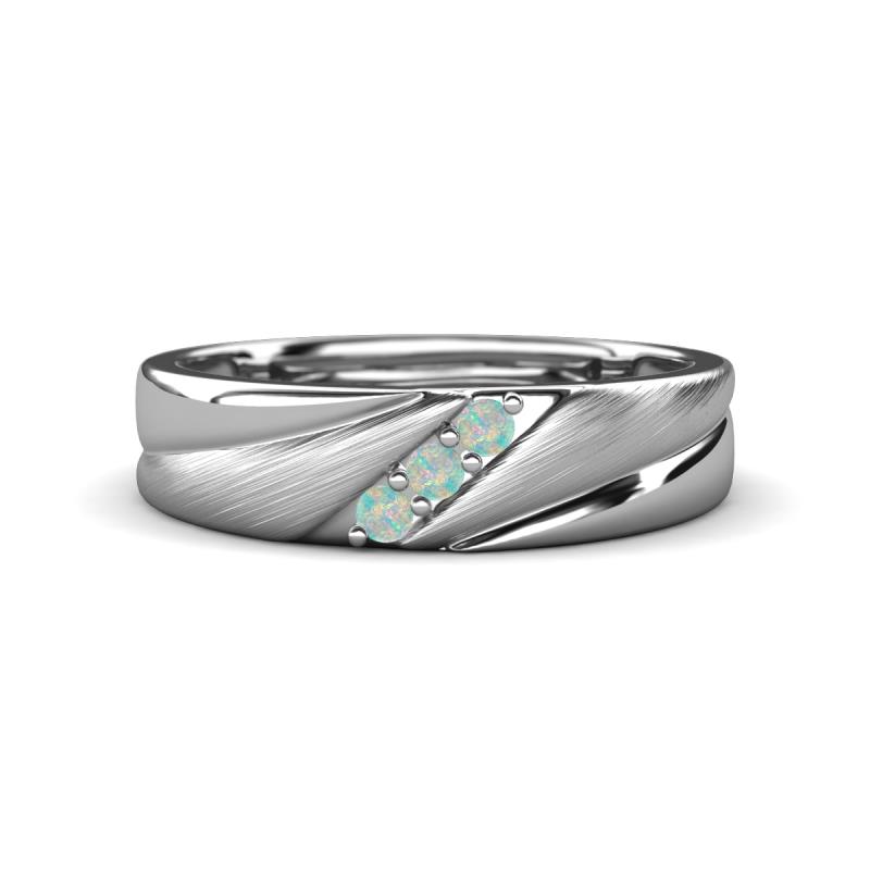 Amani Round Opal Angled Brushed and Polished Finish Men Three Stone Wedding Band (6 mm) 