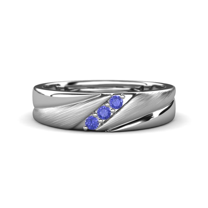 Amani Round Tanzanite Angled Brushed and Polished Finish Men Three Stone Wedding Band (6 mm) 