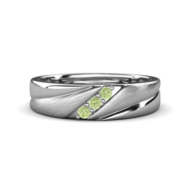Amani Round Peridot Angled Brushed and Polished Finish Men Three Stone Wedding Band (6 mm) 