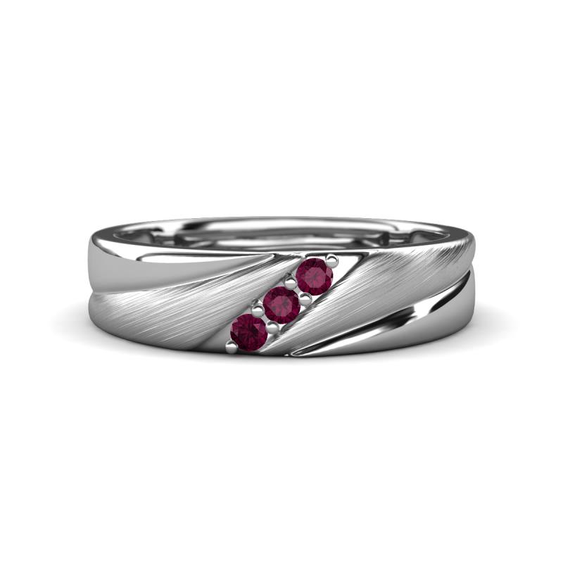 Amani Round Rhodolite Garnet Angled Brushed and Polished Finish Men Three Stone Wedding Band (6 mm) 