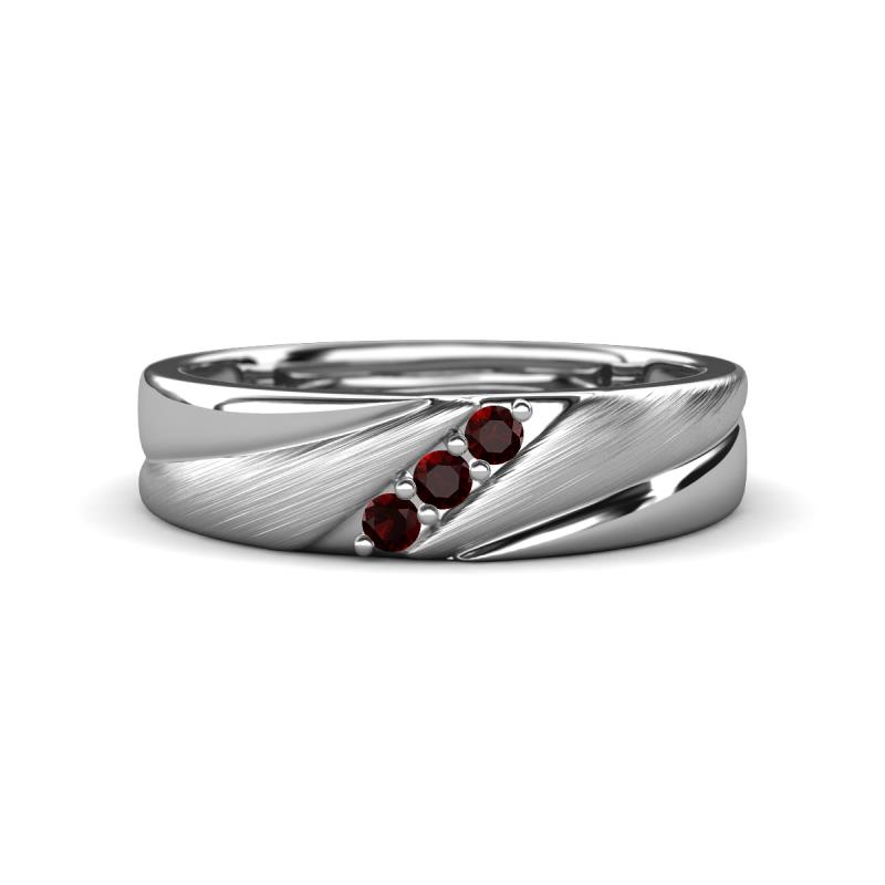 Amani Round Red Garnet Angled Brushed and Polished Finish Men Three Stone Wedding Band (6 mm) 