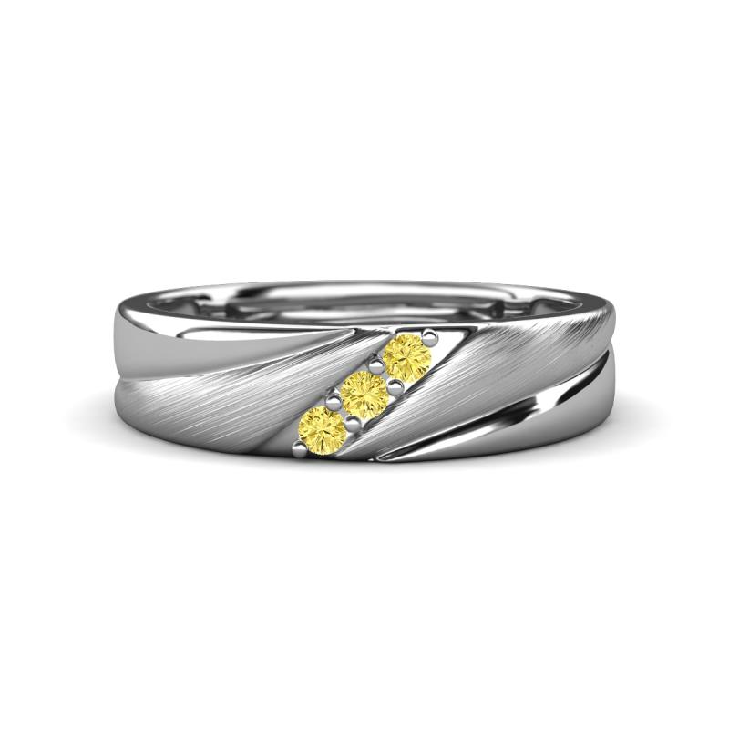 Amani Round Yellow Sapphire Angled Brushed and Polished Finish Men Three Stone Wedding Band (6 mm) 