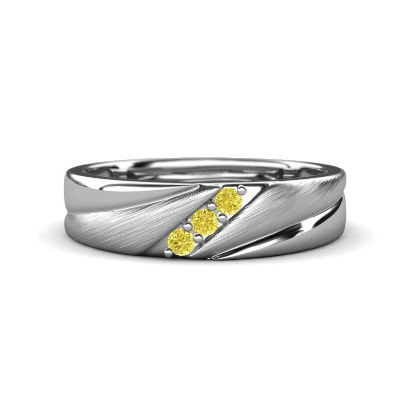 Amani Round Yellow Diamond Angled Brushed and Polished Finish Men Three Stone Wedding Band (6 mm) 