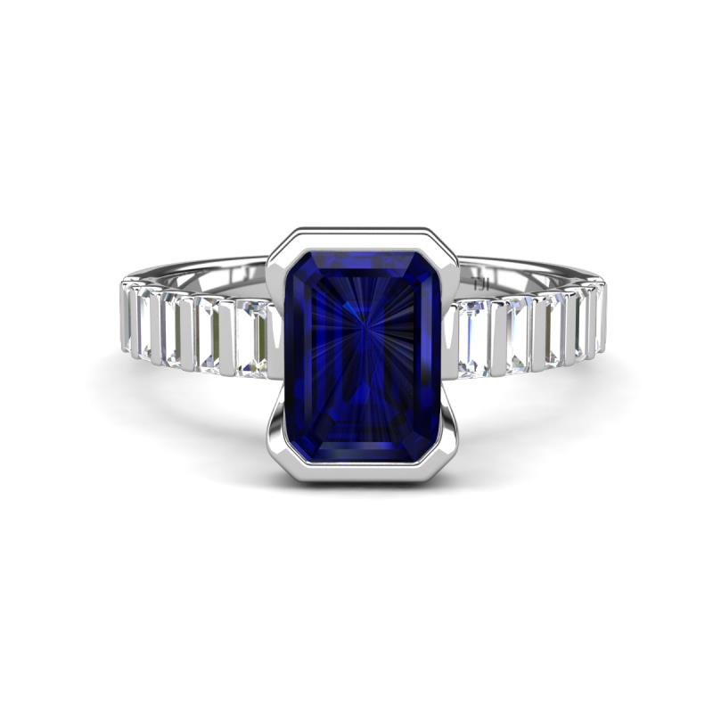 Dionne 3.10 ctw Emerald Shape Created Blue Sapphire (9 X 7 mm) accented Baguette Shape Lab Grown Diamonds Engagement Ring 