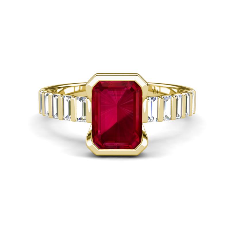 Dionne 3.30 ctw Emerald Shape Created Ruby (9 X 7 mm) accented Baguette Shape Lab Grown Diamonds Engagement Ring 